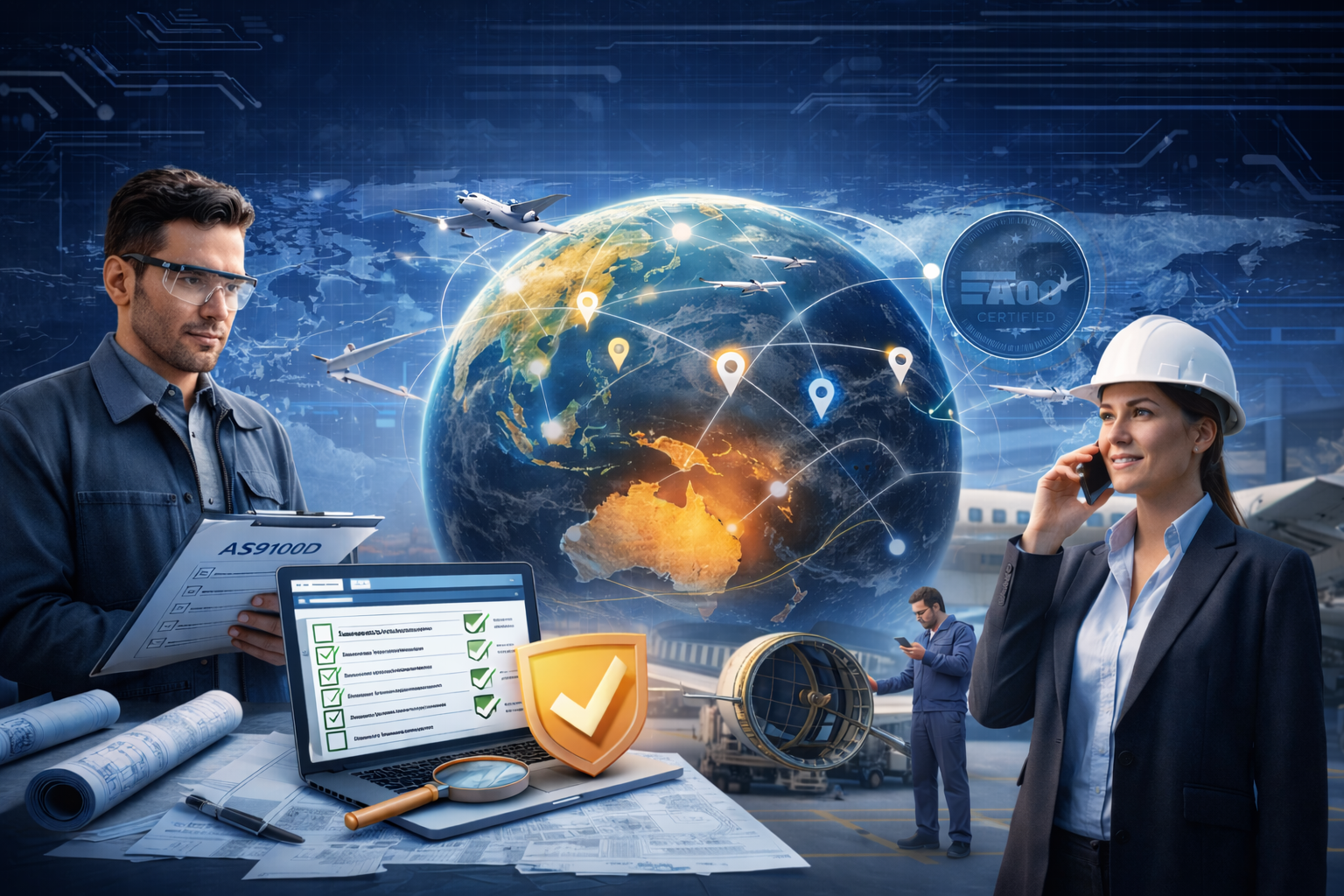 AS9100D certification verification process showing quality auditor reviewing aerospace supplier documentation and quality management systems for Australian defence and aviation manufacturers