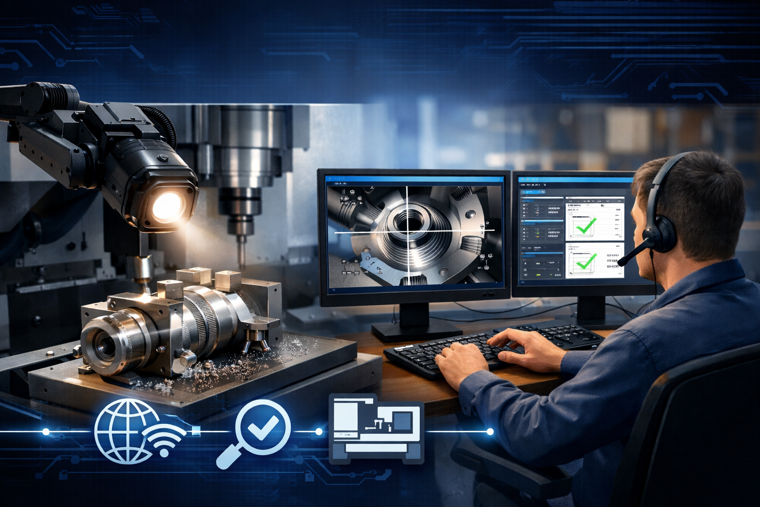 Live video inspection of precision CNC machined components using high-definition camera equipment and video conferencing technology for remote quality verification by Australian manufacturers inspecting offshore production facilities