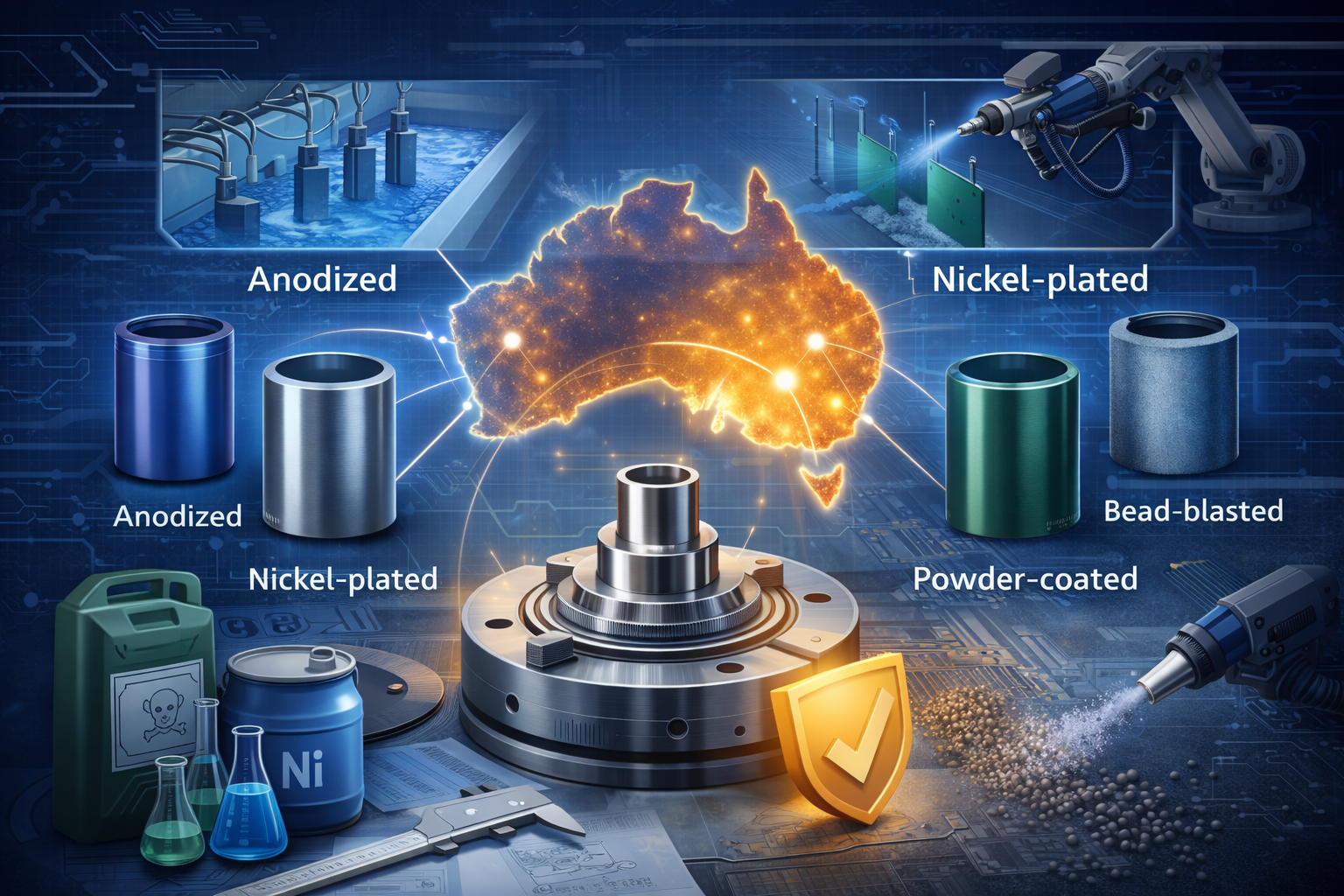 Various surface finishing techniques including anodizing, powder coating, and electroplating applied to precision CNC machined components for Australian manufacturing applications